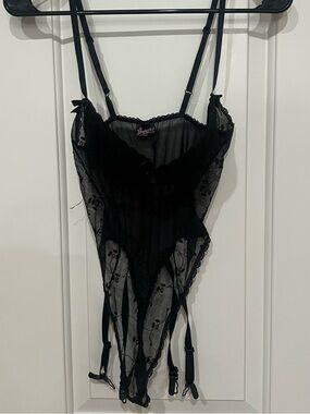 Frederick's of Hollywood Sheer Black Lace Bodysuit with Garter small, adjustable